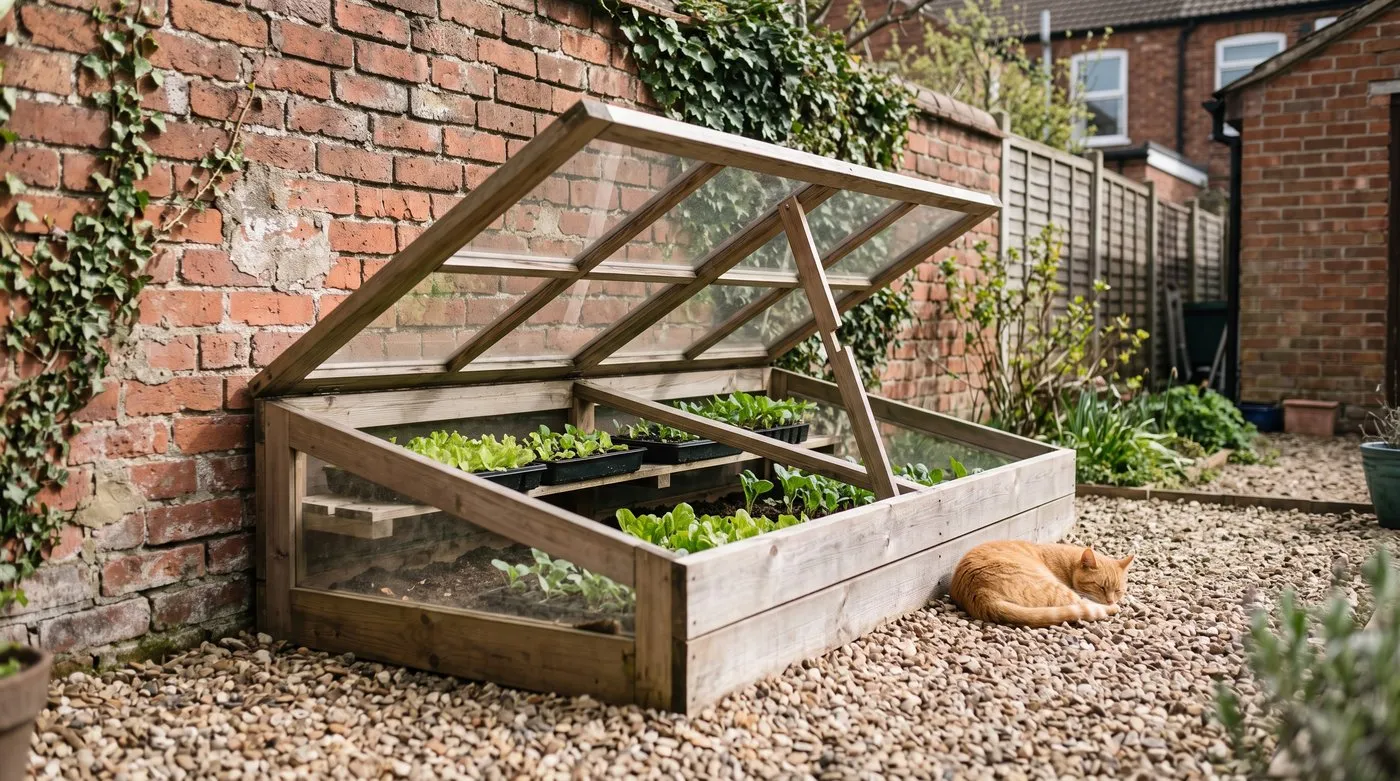 Timber cold frame against a sunny brick wall on gravel, lid propped open over seedlings, a ginger cat beside it