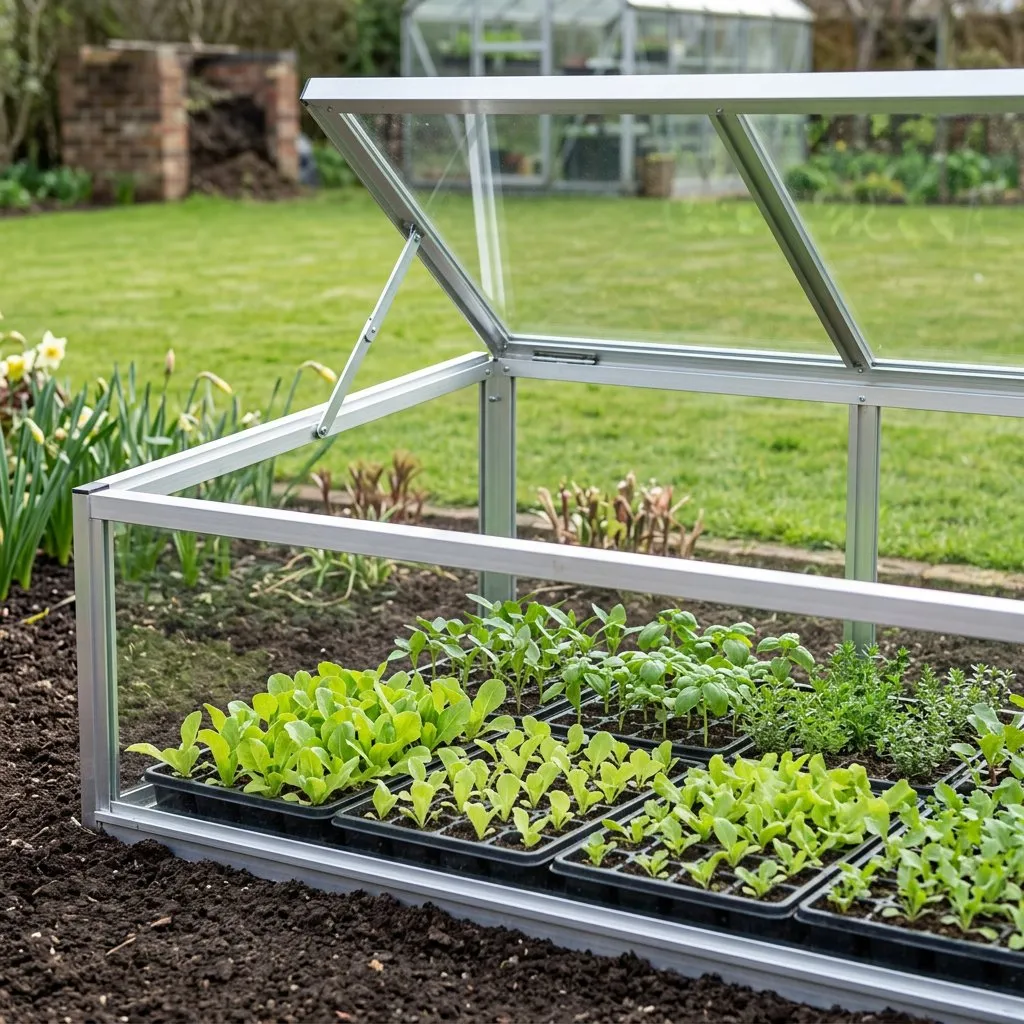 Access aluminium cold frame with seedlings hardening off
