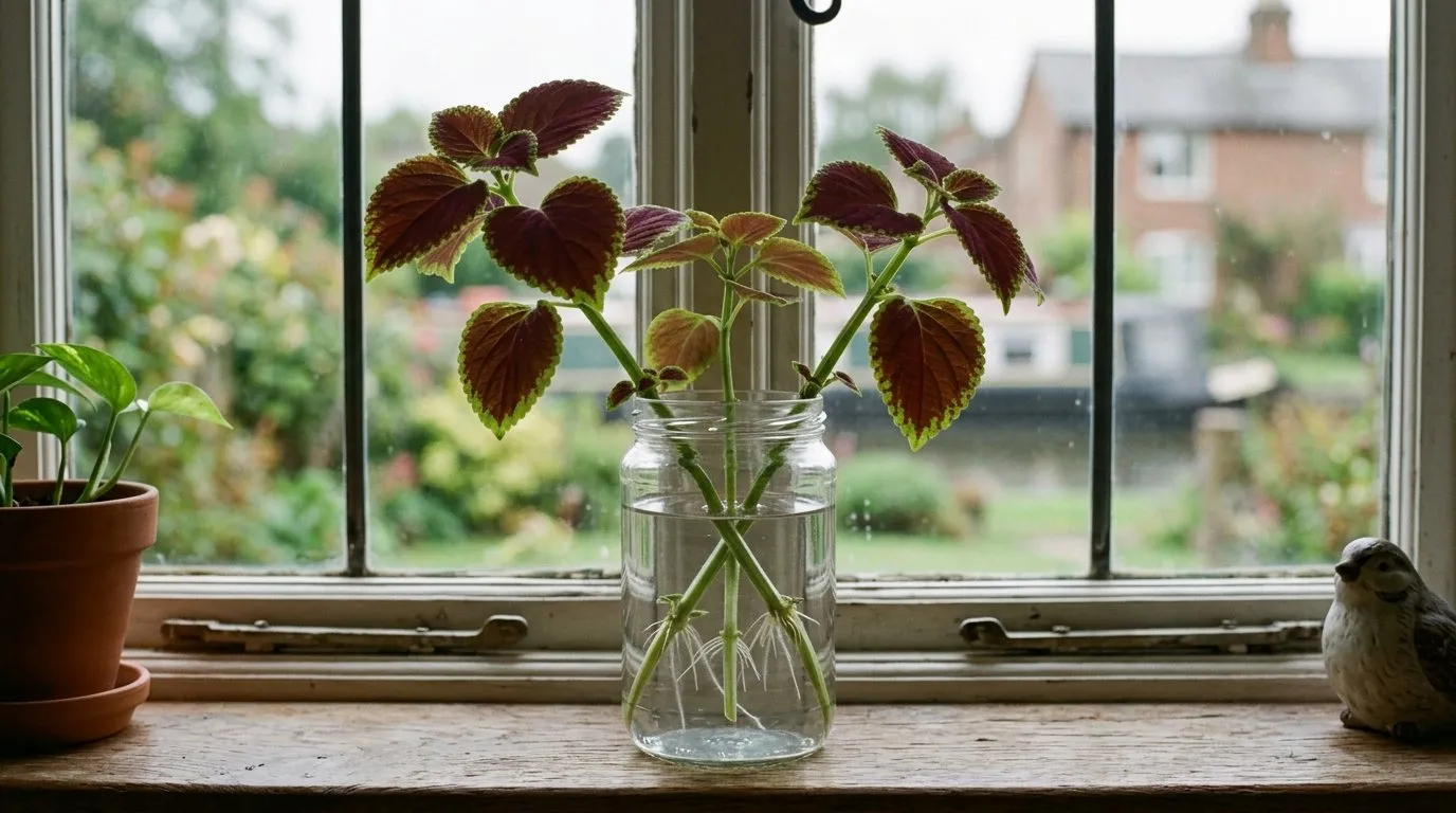 Coleus tip cuttings rooting in a plain glass jar of water on a cottage kitchen windowsill