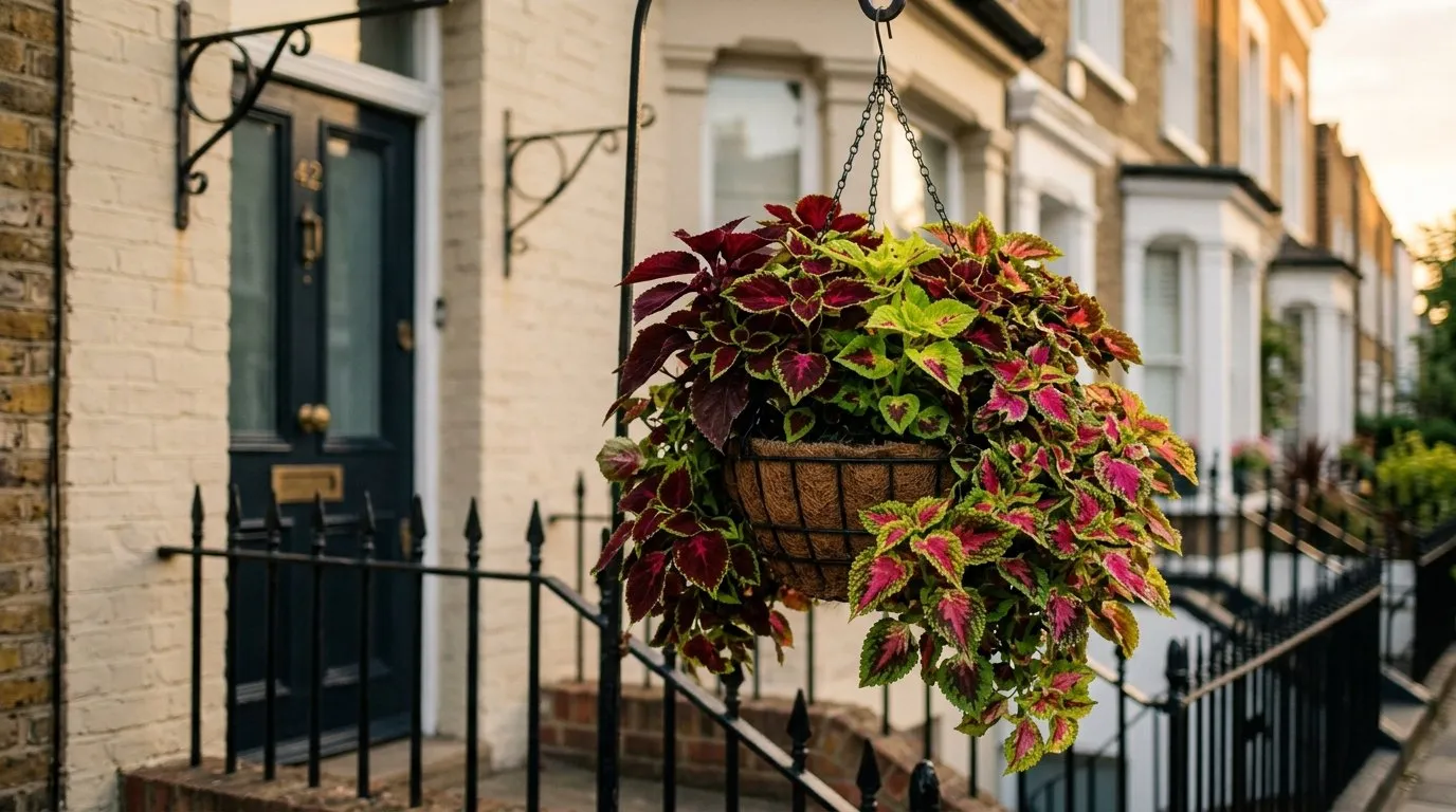 Trailing and upright coleus filling a hanging basket outside a London terraced house