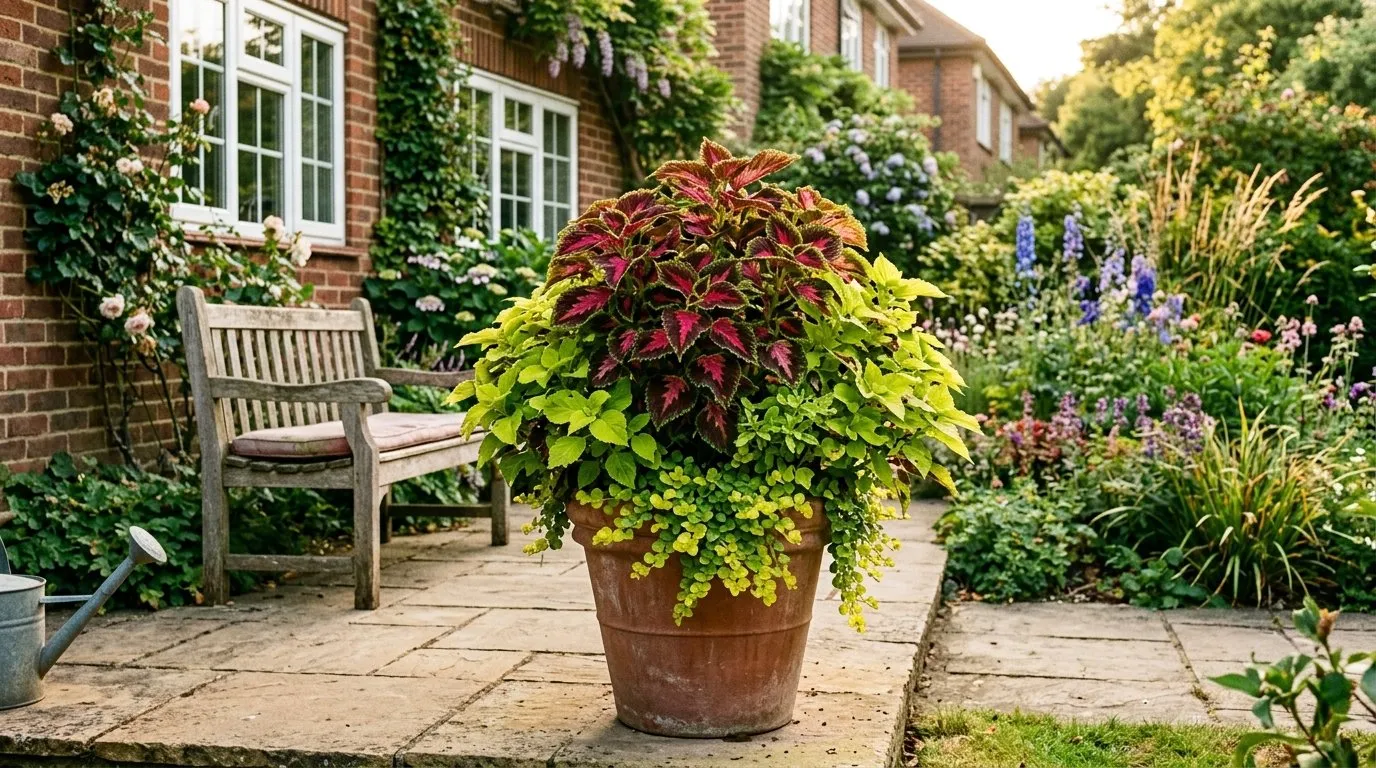 Dark red coleus with lime green companions in a terracotta patio container in a suburban UK garden