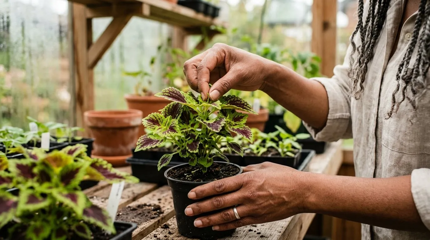 Gardener pinching out the growing tip of a young coleus plant in a UK greenhouse
