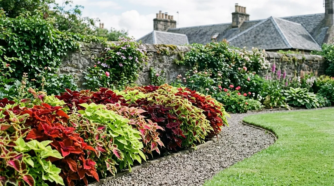 Massed coleus bedding in red, lime and bronze along a gravel path in a Scottish walled garden