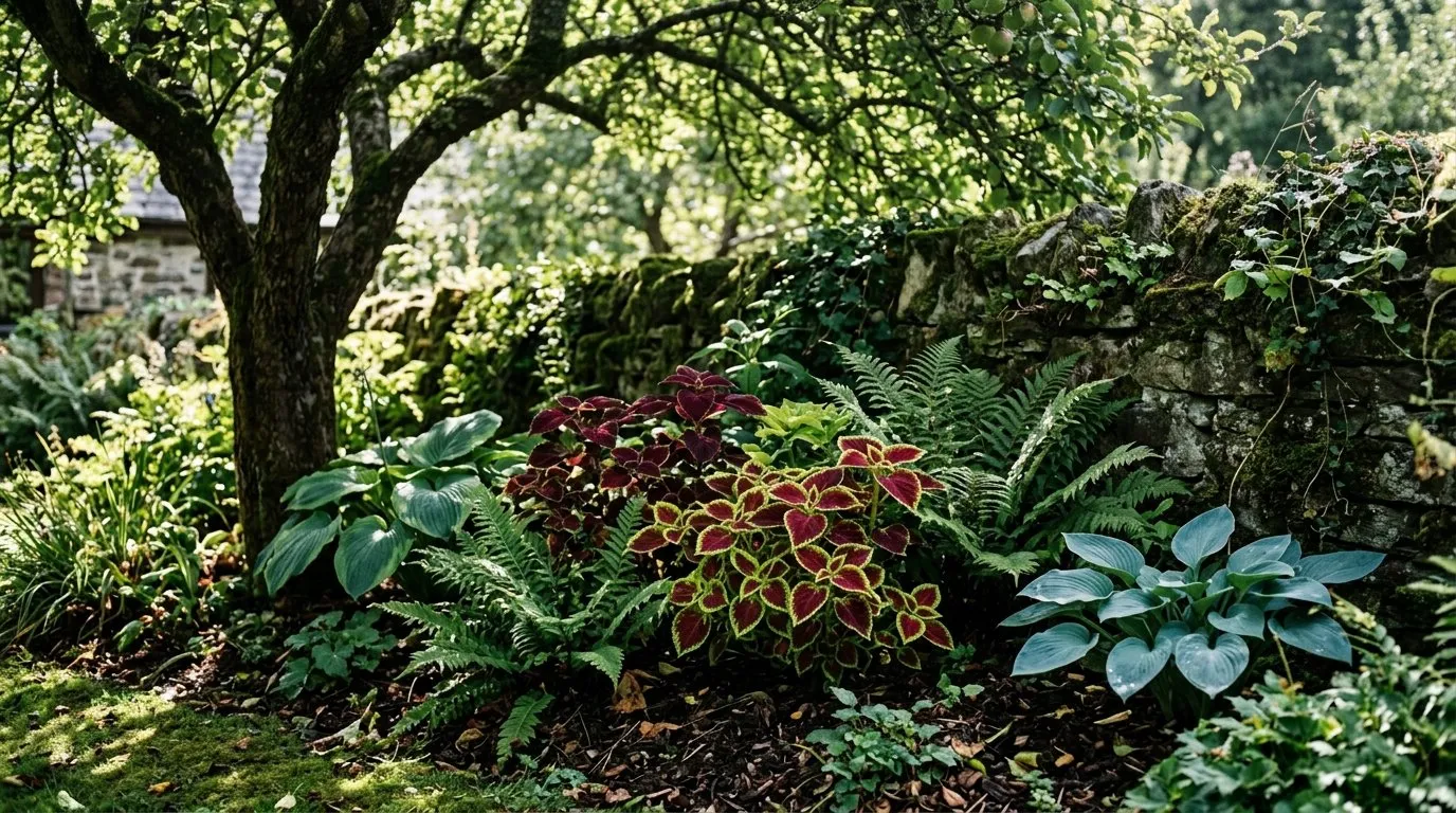 Burgundy coleus planted among hostas and ferns in a shady border under a tree in a UK garden