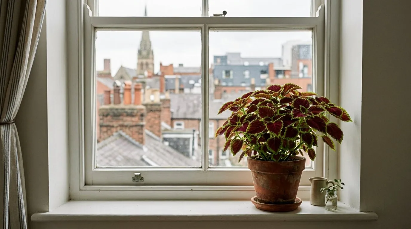 A potted coleus houseplant on a white sash windowsill overlooking city rooftops in a UK flat