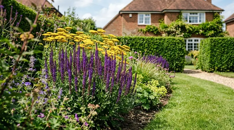 A wide UK suburban border in full summer colour showing a complementary purple-and-yellow planting scheme of salvia and