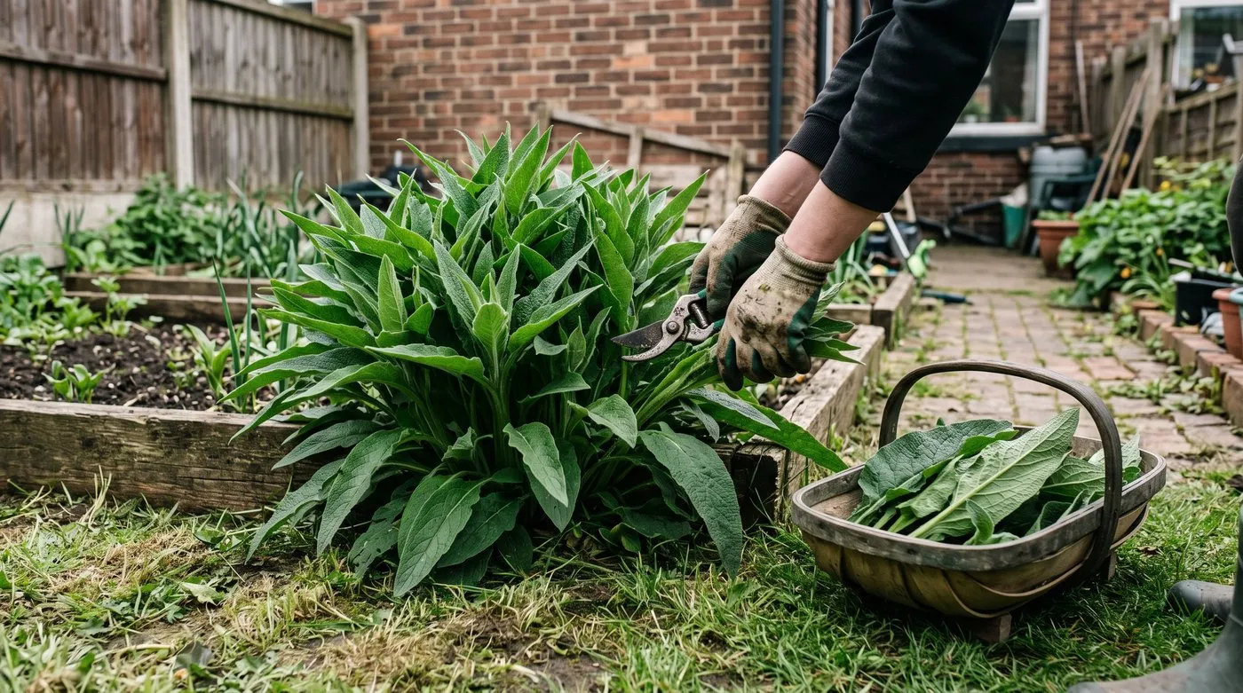 Gloved hands cutting large hairy comfrey leaves with shears into a trug