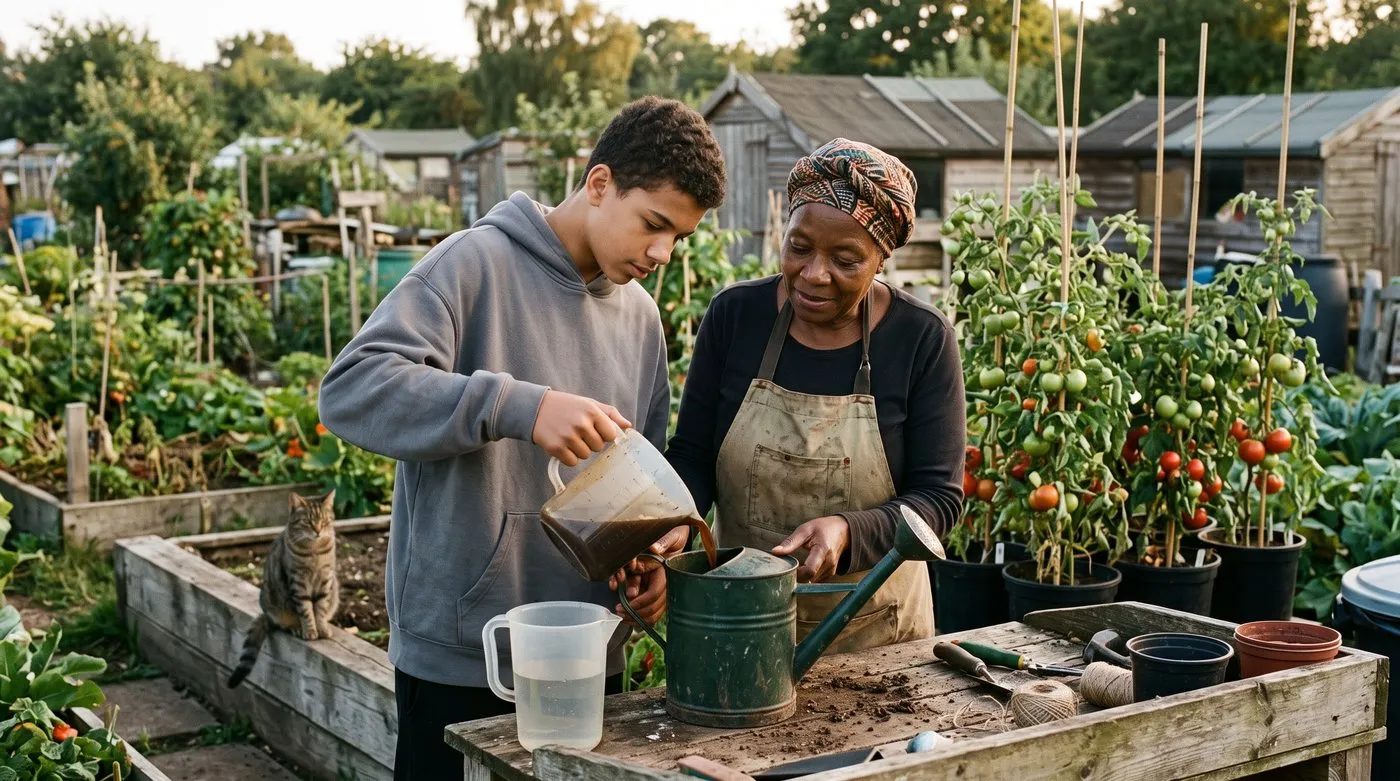 Grandmother and grandson measuring dark comfrey concentrate into a watering can beside potted tomatoes
