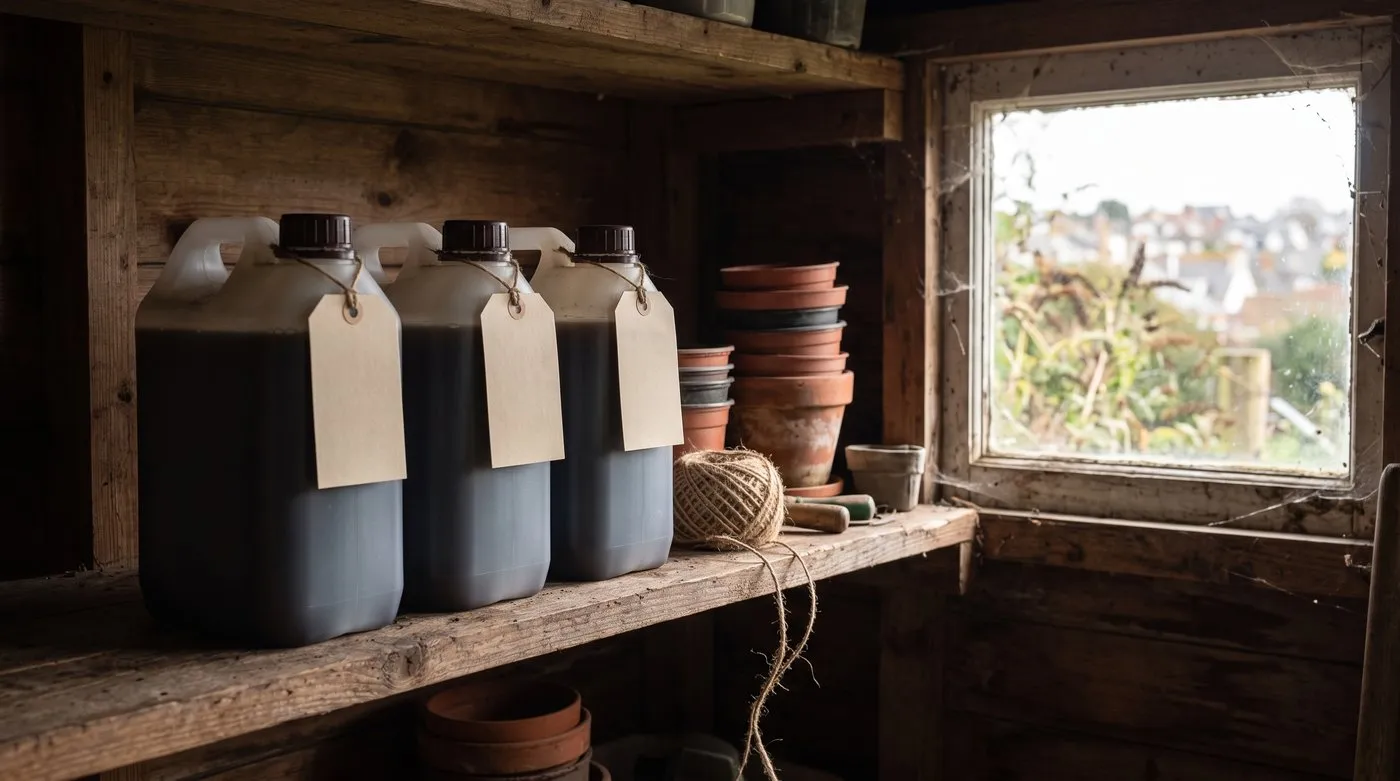 Plastic containers of comfrey concentrate with tie-on labels on a high shed shelf