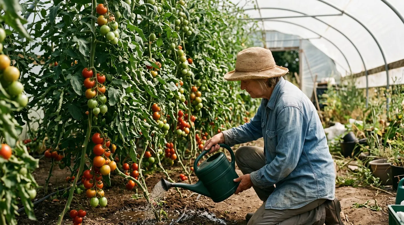 Gardener watering comfrey feed onto the soil at the base of cordon tomatoes in a polytunnel