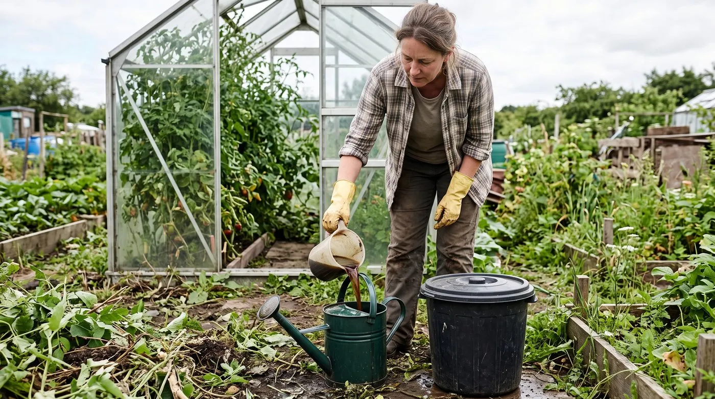 Gardener in rubber gloves pouring dark comfrey liquid into a watering can of water on an allotment
