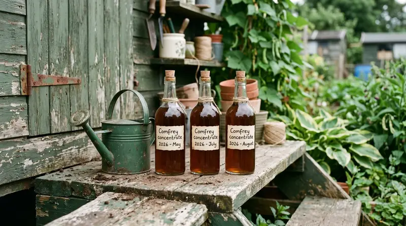 Three sealed glass bottles of dark amber comfrey liquid concentrate lined up on a UK allotment shed step beside a green
