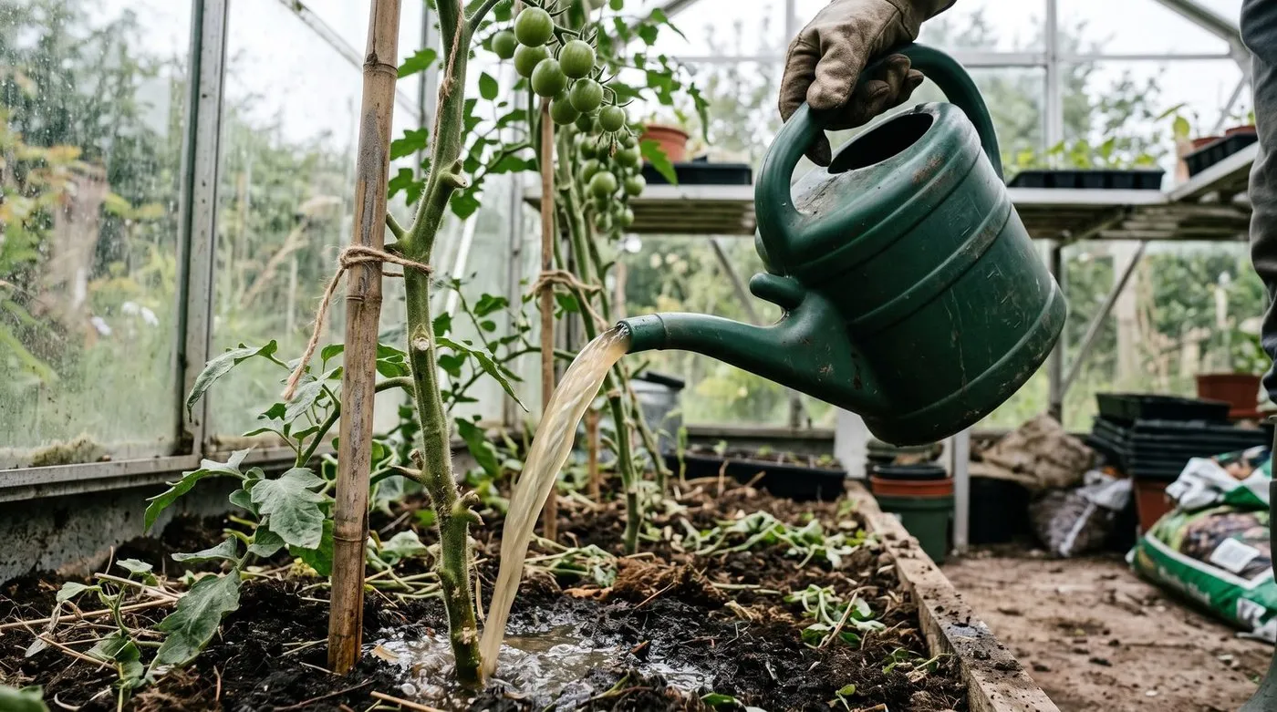 Watering can applying diluted comfrey feed to tomato plants growing in a UK greenhouse
