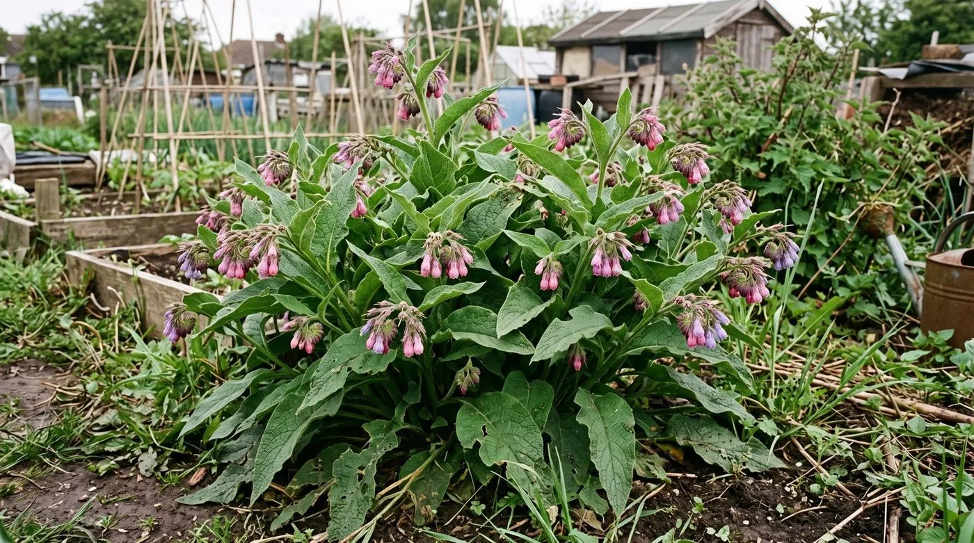 Bocking 14 comfrey plants with broad green leaves growing in a UK allotment bed
