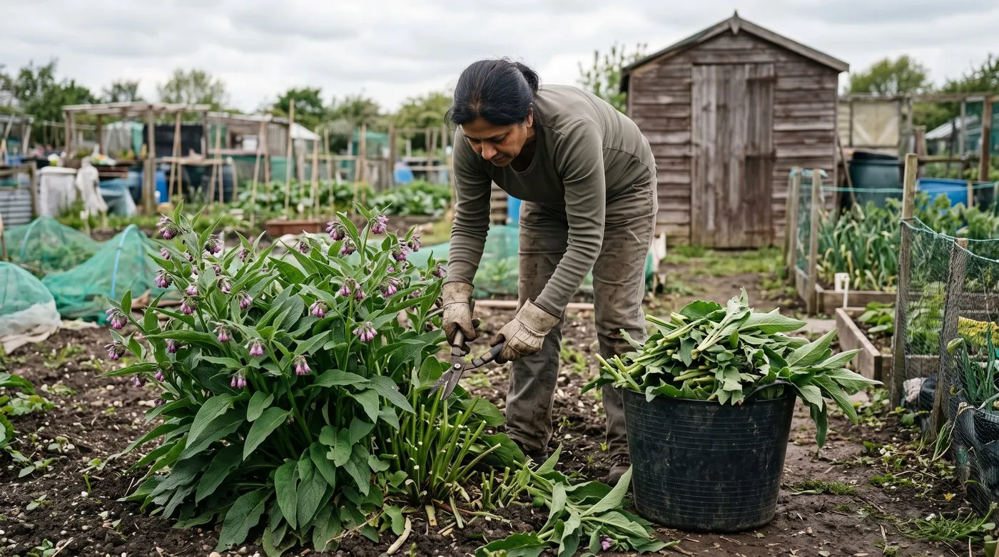 Gardener in long sleeves and gloves cutting comfrey back to 5cm on an allotment