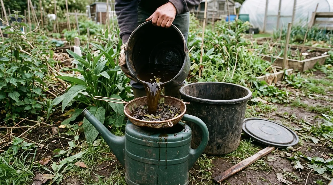 Dark brown comfrey liquid feed draining through a strainer into a watering can in a UK garden