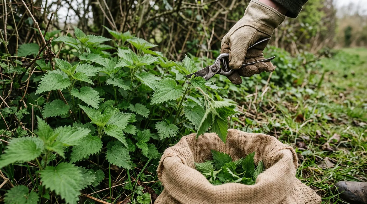 Gloved hand gathering soft young nettle tips into an open sack in spring