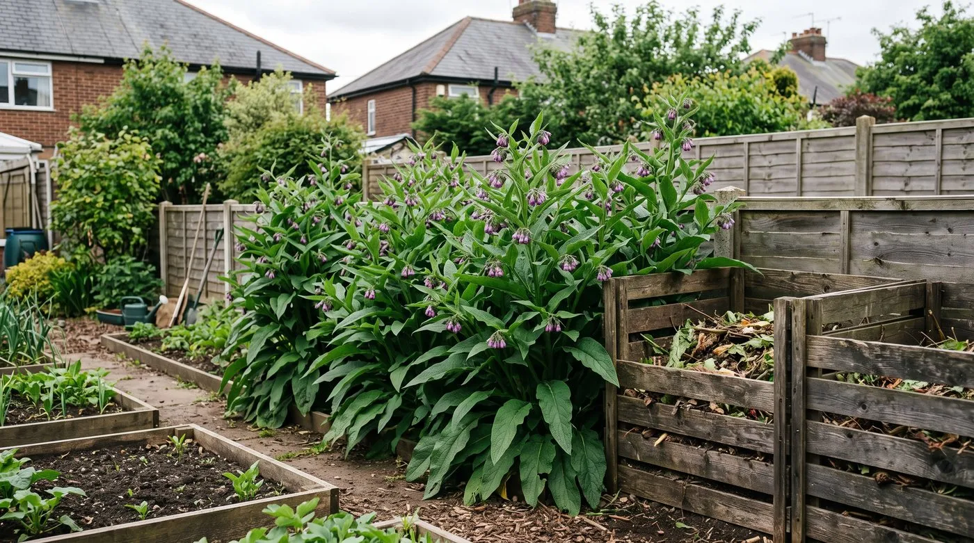 Row of leafy comfrey plants growing at the end of a vegetable bed beside wooden compost bins