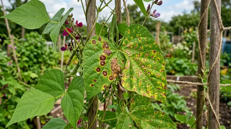Runner bean leaves showing chocolate spot and halo blight disease in a UK allotment