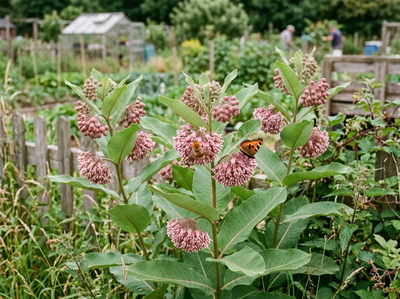 A vigorous spreading clump of common milkweed Asclepias syriaca with dusky pink flower heads at an allotment edge