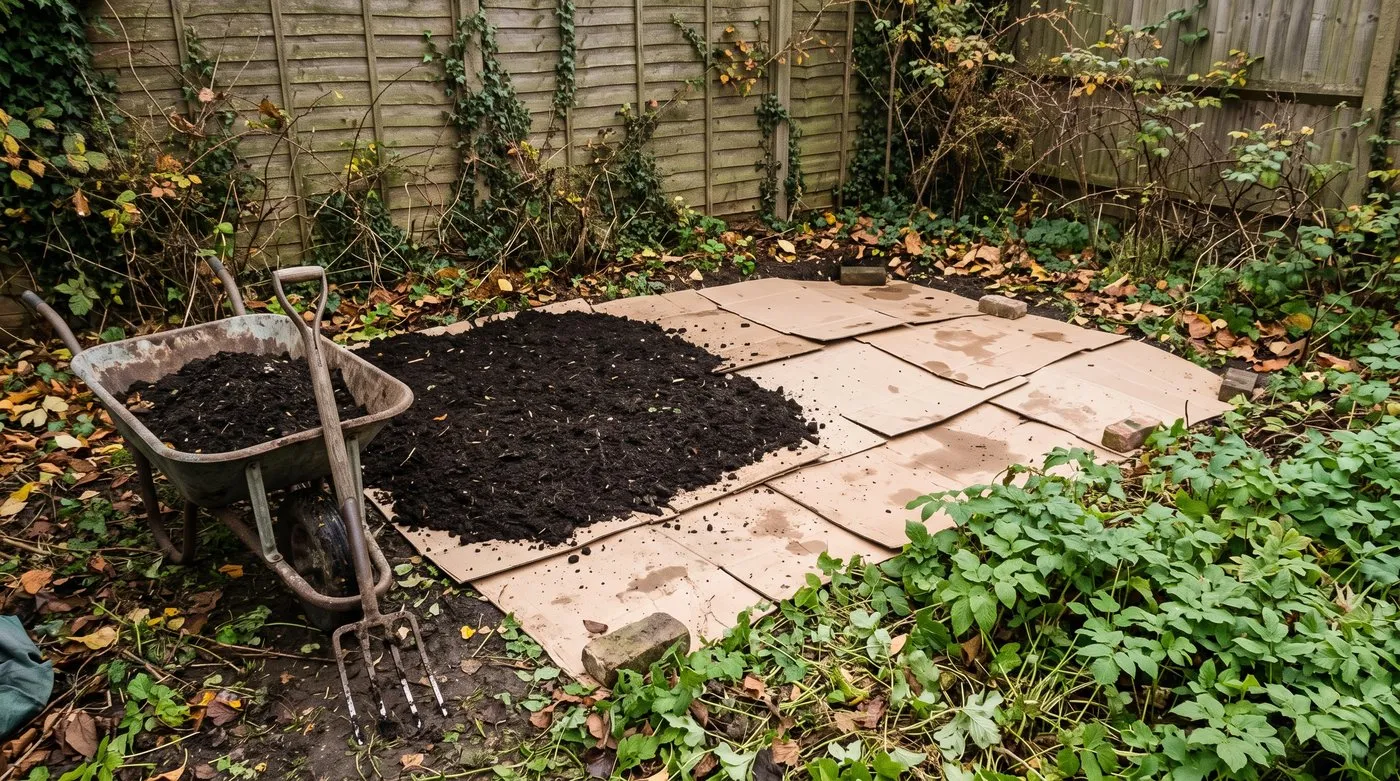Overlapping cardboard covered with compost to smother perennial weeds in a UK garden bed