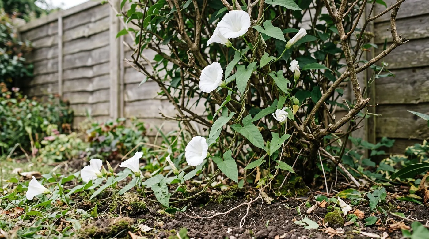 Hedge bindweed with arrow-shaped leaves and white trumpet flowers twining up a shrub in a UK border