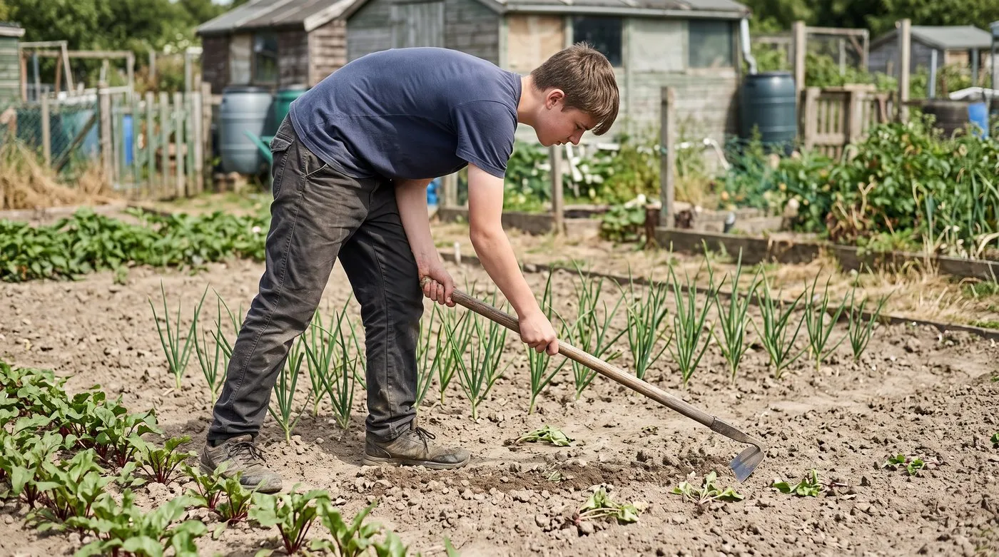 Teenage boy hoeing annual weeds between vegetable rows on a dry sunny day on a UK allotment