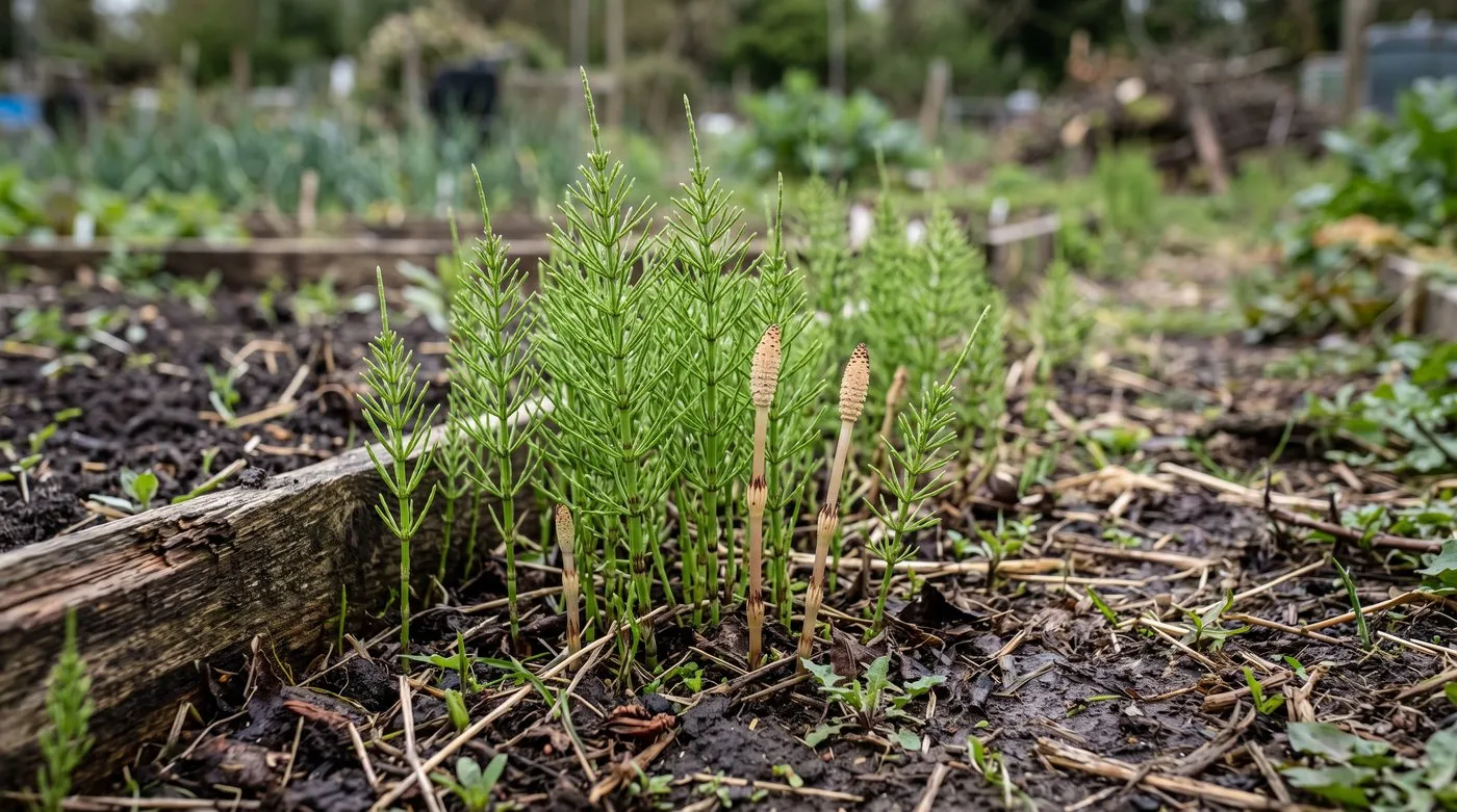 Horsetail weed with jointed green stems and whorls of needle-like branches growing at a UK bed edge