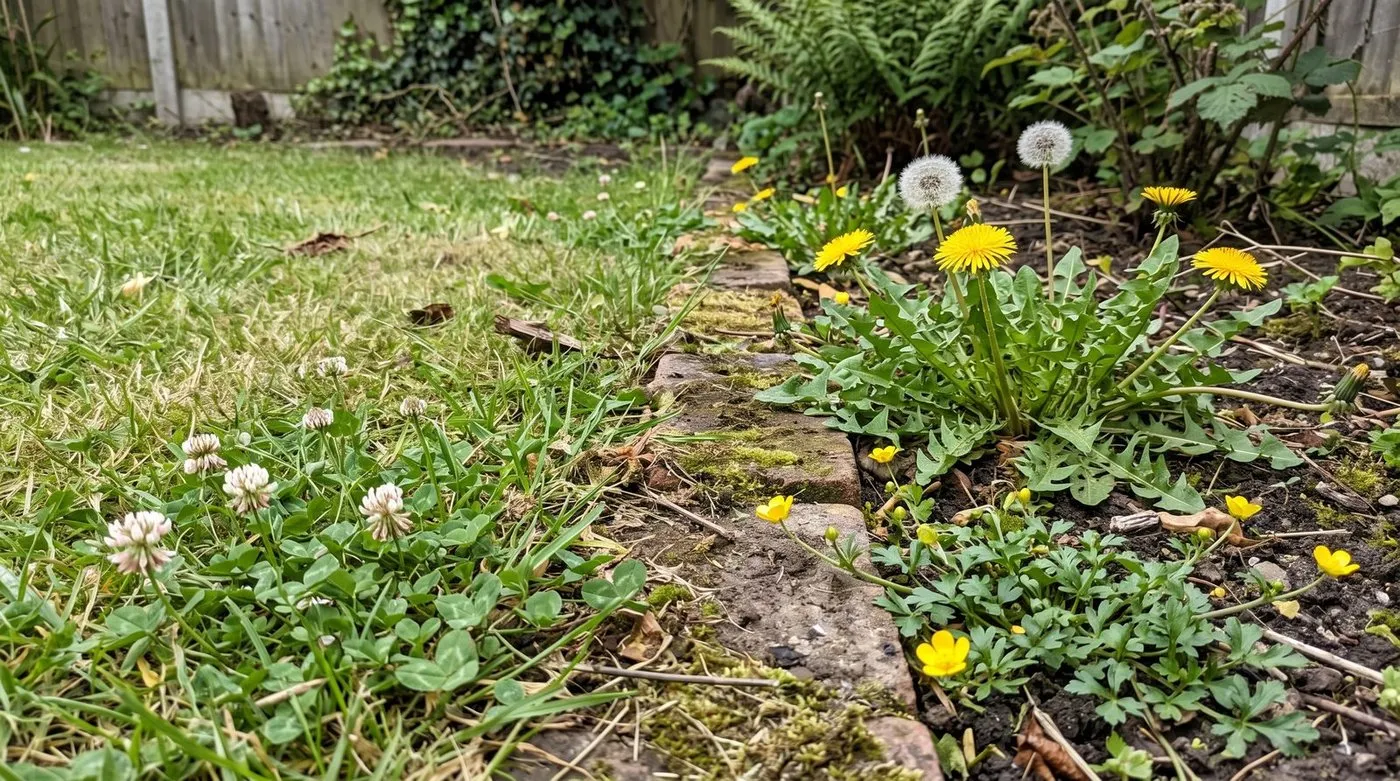 Common garden weeds growing in a UK garden border with dandelions and clover visible