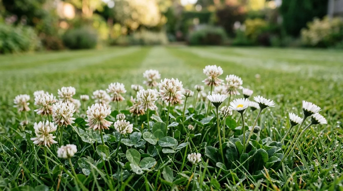 Clover and daisies growing in a UK lawn alongside grass