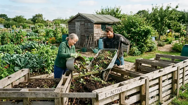 A row of timber pallet compost bays at a UK community garden, with volunteers adding garden waste