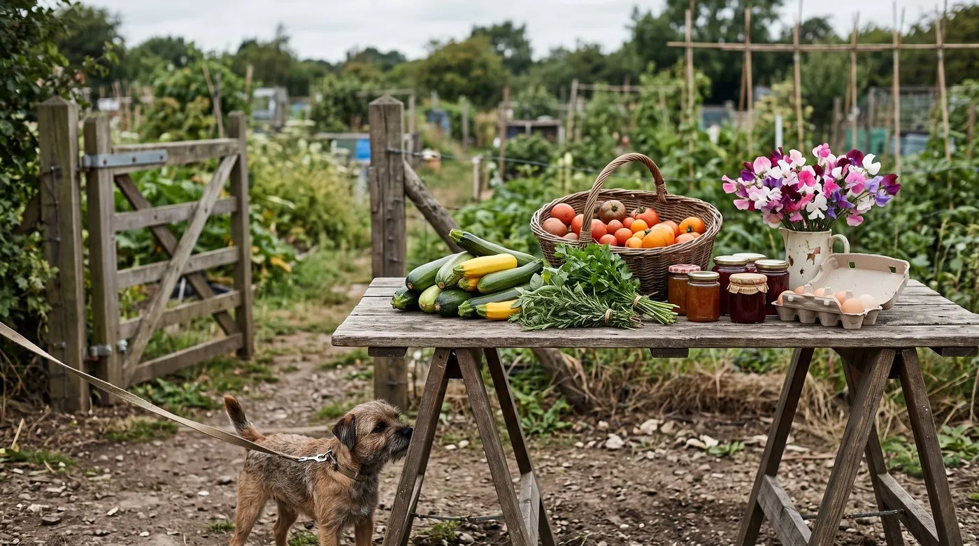 Community garden produce swap table with courgettes, tomatoes, herbs and jam by the gate, a terrier nearby