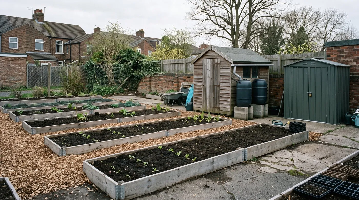 New community garden with scaffold-board raised beds, wide wood chip paths and water butts by a shed