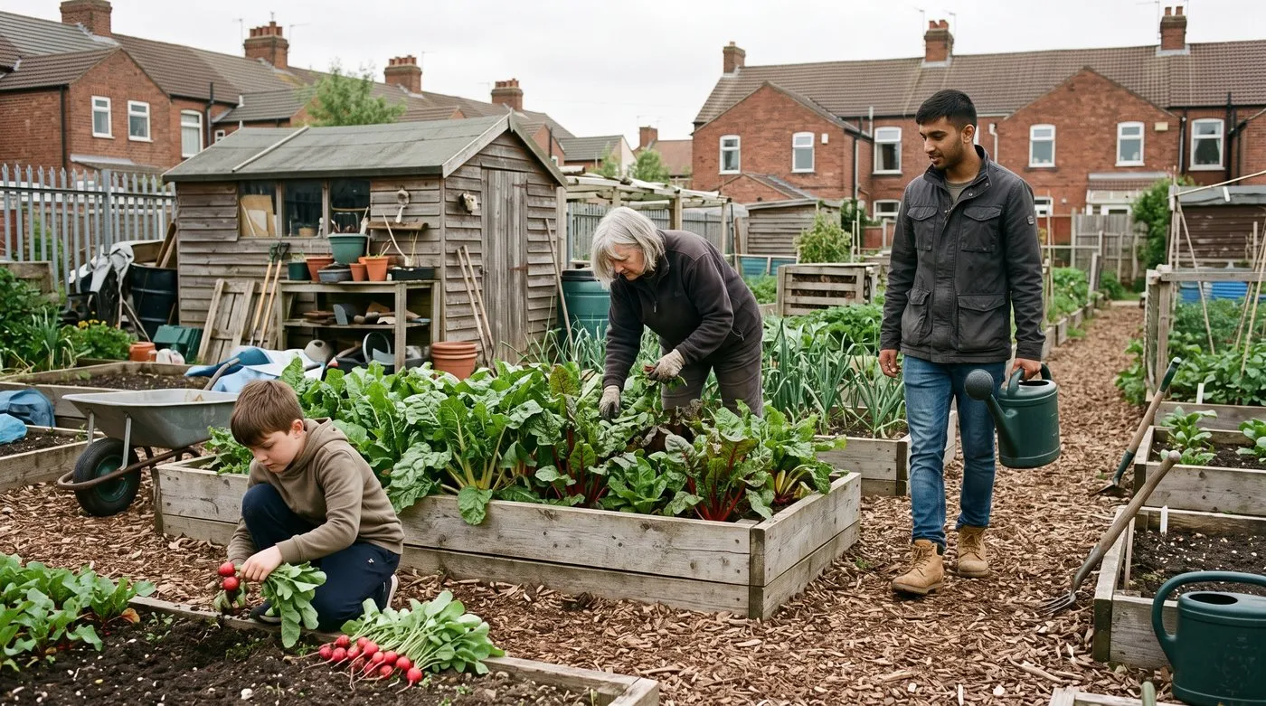 Mixed-age group tending shared raised beds at a weekly session in a UK urban community garden