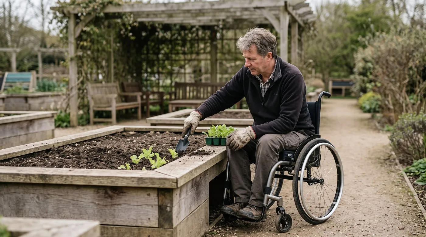 Man in a wheelchair planting seedlings in a wheelchair-height raised bed in a UK therapy garden