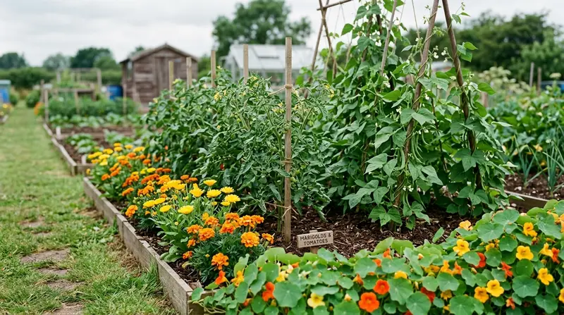 Companion flowers for vegetables: marigolds and calendula interplanted with tomatoes and beans in a Lincolnshire allotment