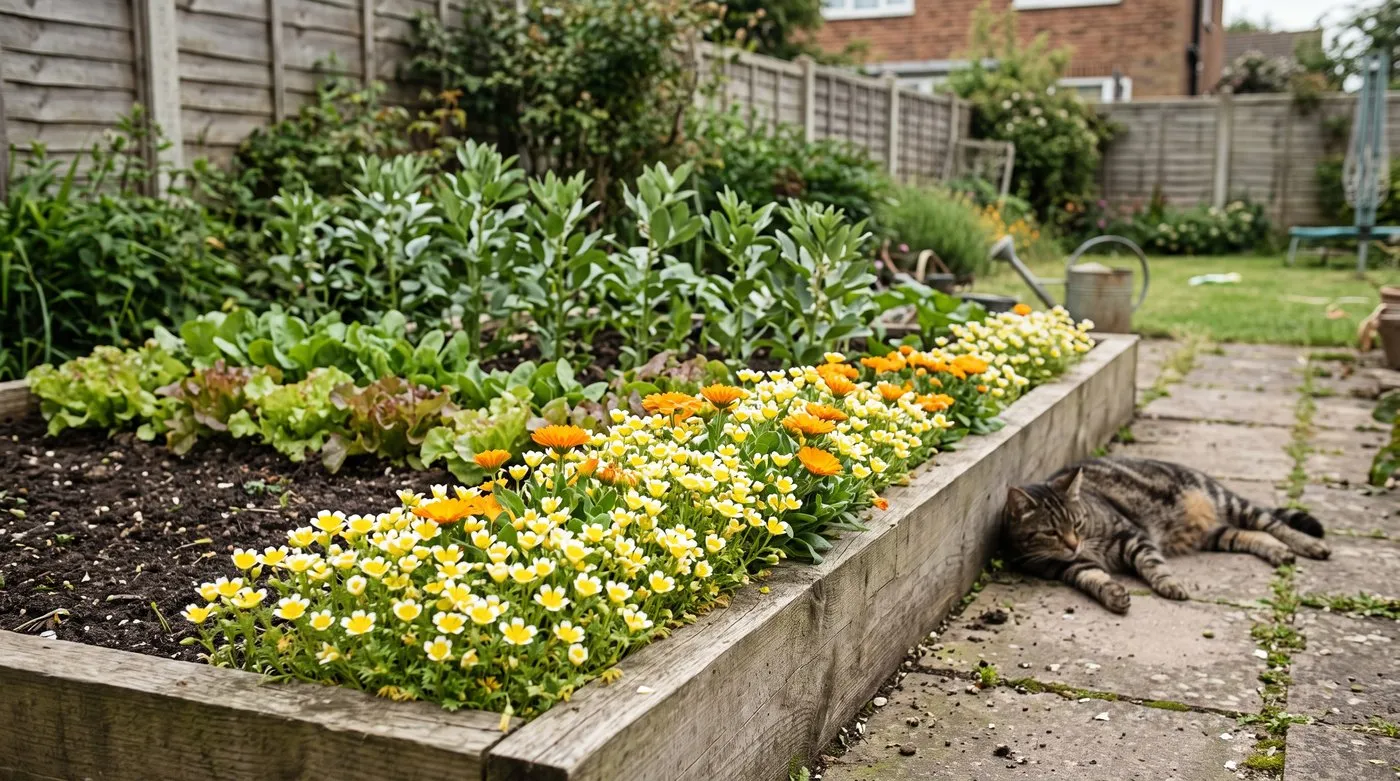 Poached egg plant and calendula edging a raised veg bed, with a tabby cat on the path