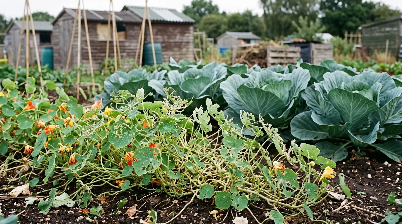 Chewed nasturtium leaves beside clean cabbages on an allotment, used as a trap crop