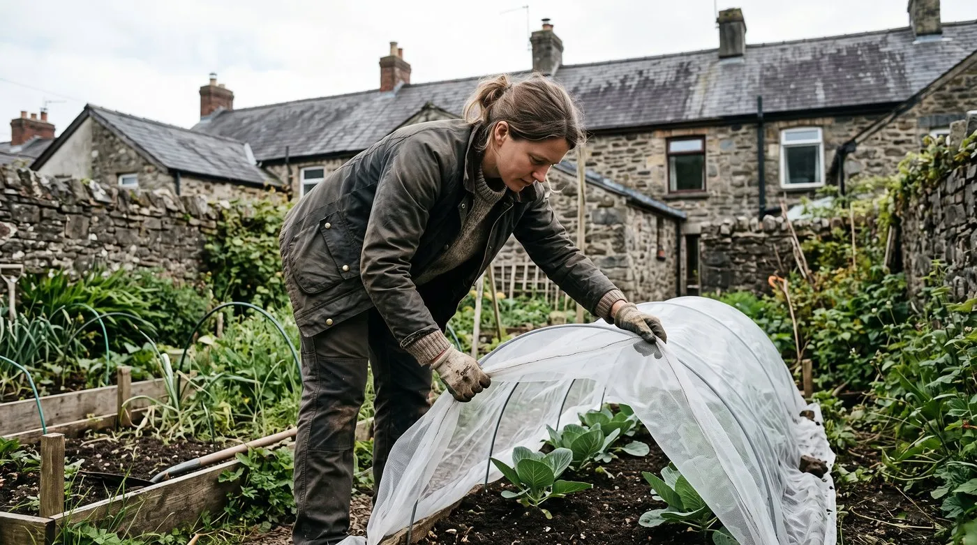 Gardener stretching fine insect mesh over hoops covering young cabbages