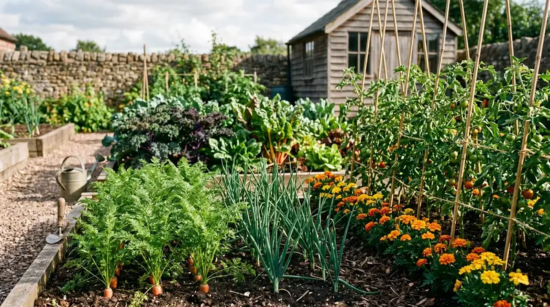 Mixed UK vegetable bed with carrots onions and marigolds growing together in summer sunshine