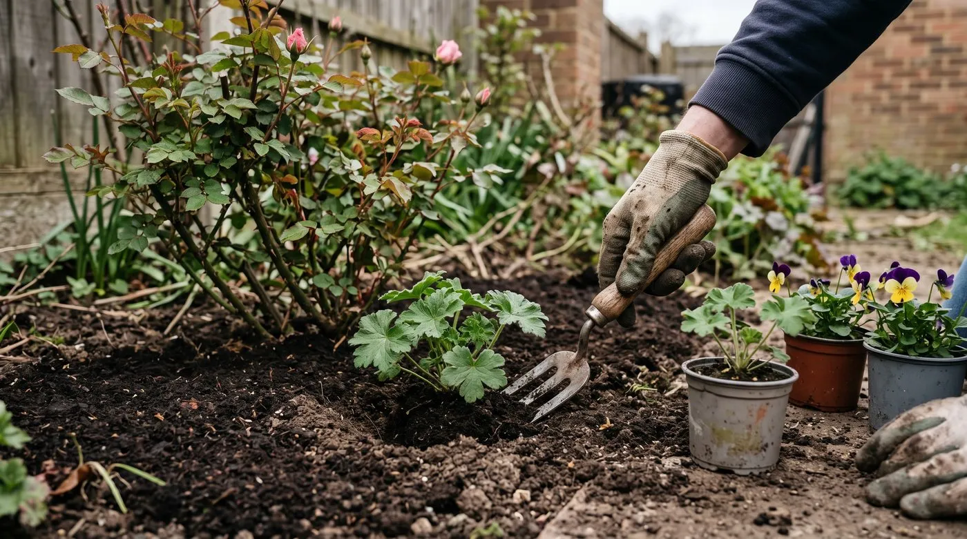 Planting a hardy geranium companion with a hand fork about 40cm from an established rose