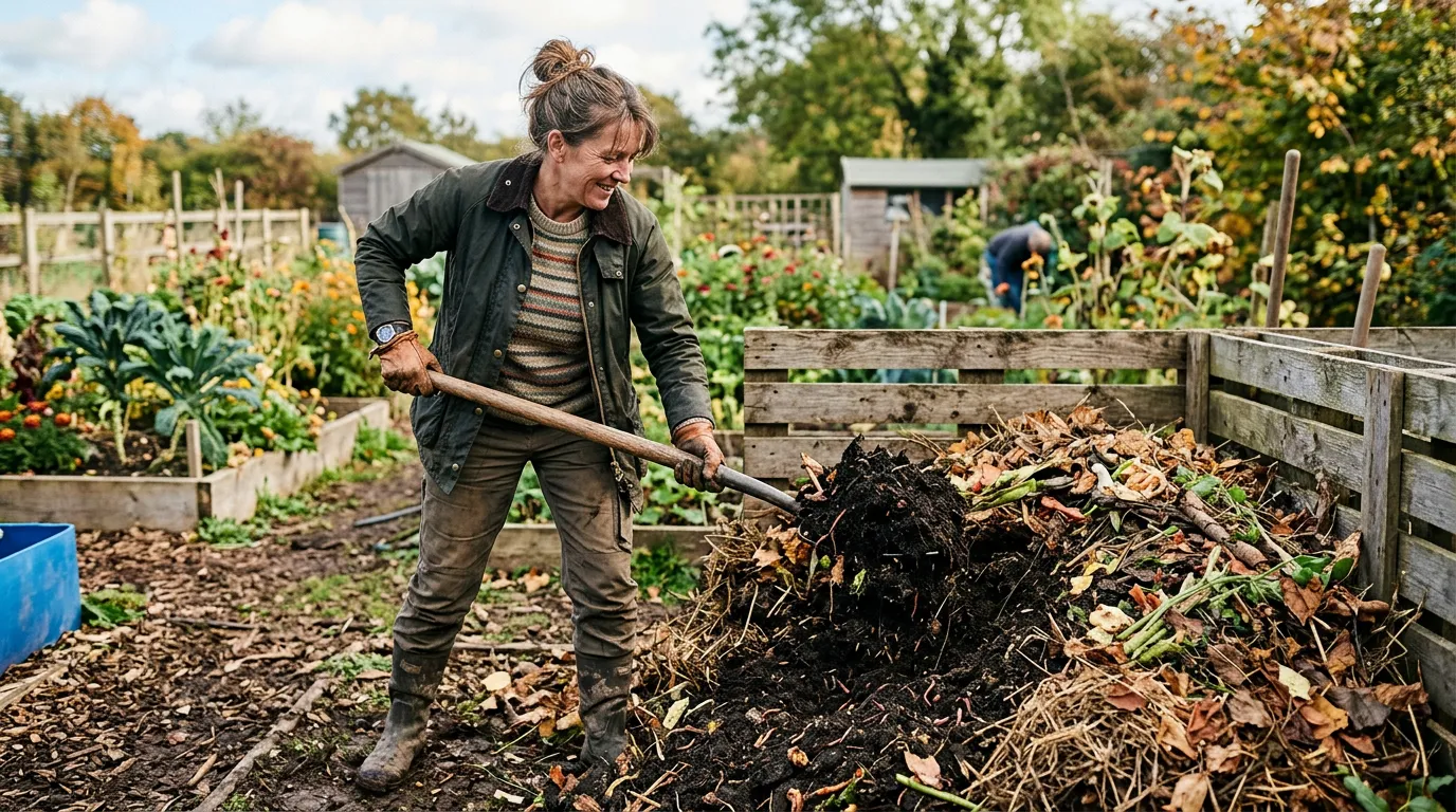 Gardener turning a compost heap with a fork, showing the dark decomposed centre and lighter outer material