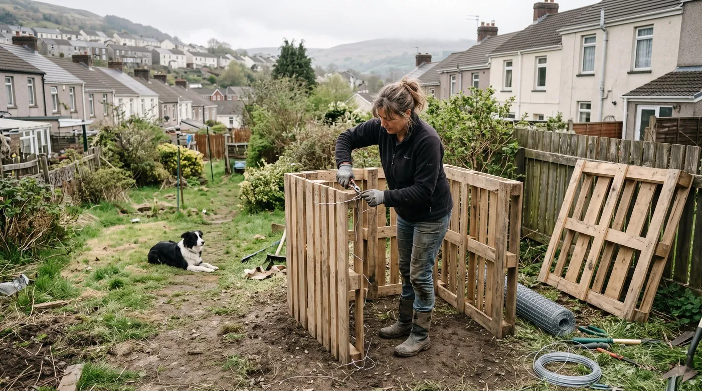 Woman wiring three pallets together on bare soil to build a compost bin while a collie watches