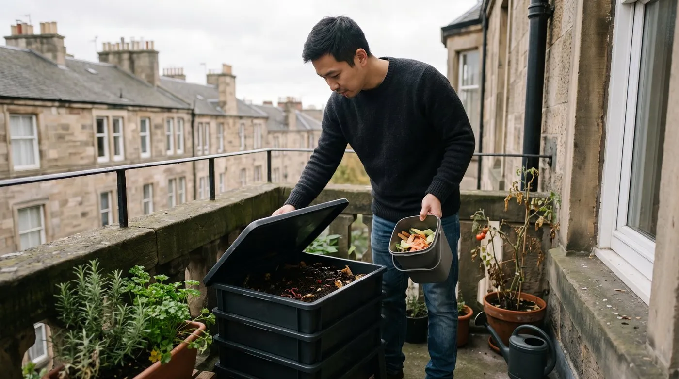 Man adding vegetable peelings to a stacking wormery on a shaded flat balcony