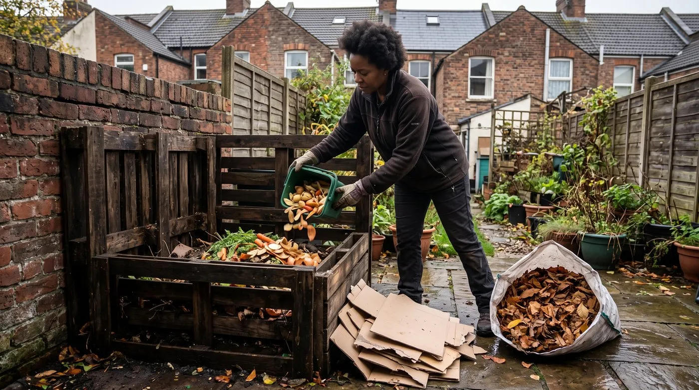 Woman tipping veg peelings onto a compost heap next to torn cardboard and dry autumn leaves