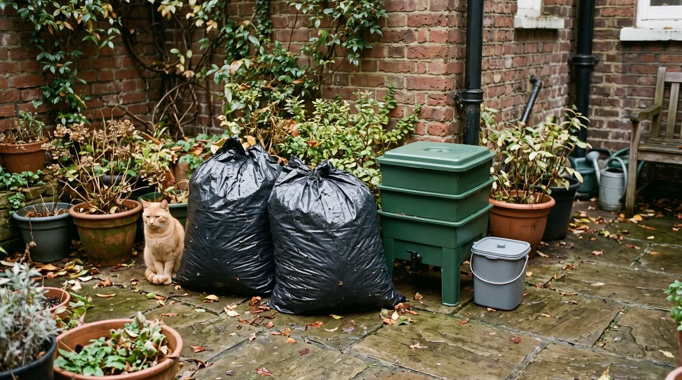 Bags of autumn leaves for leaf mould beside a wormery in a small courtyard garden with a ginger cat