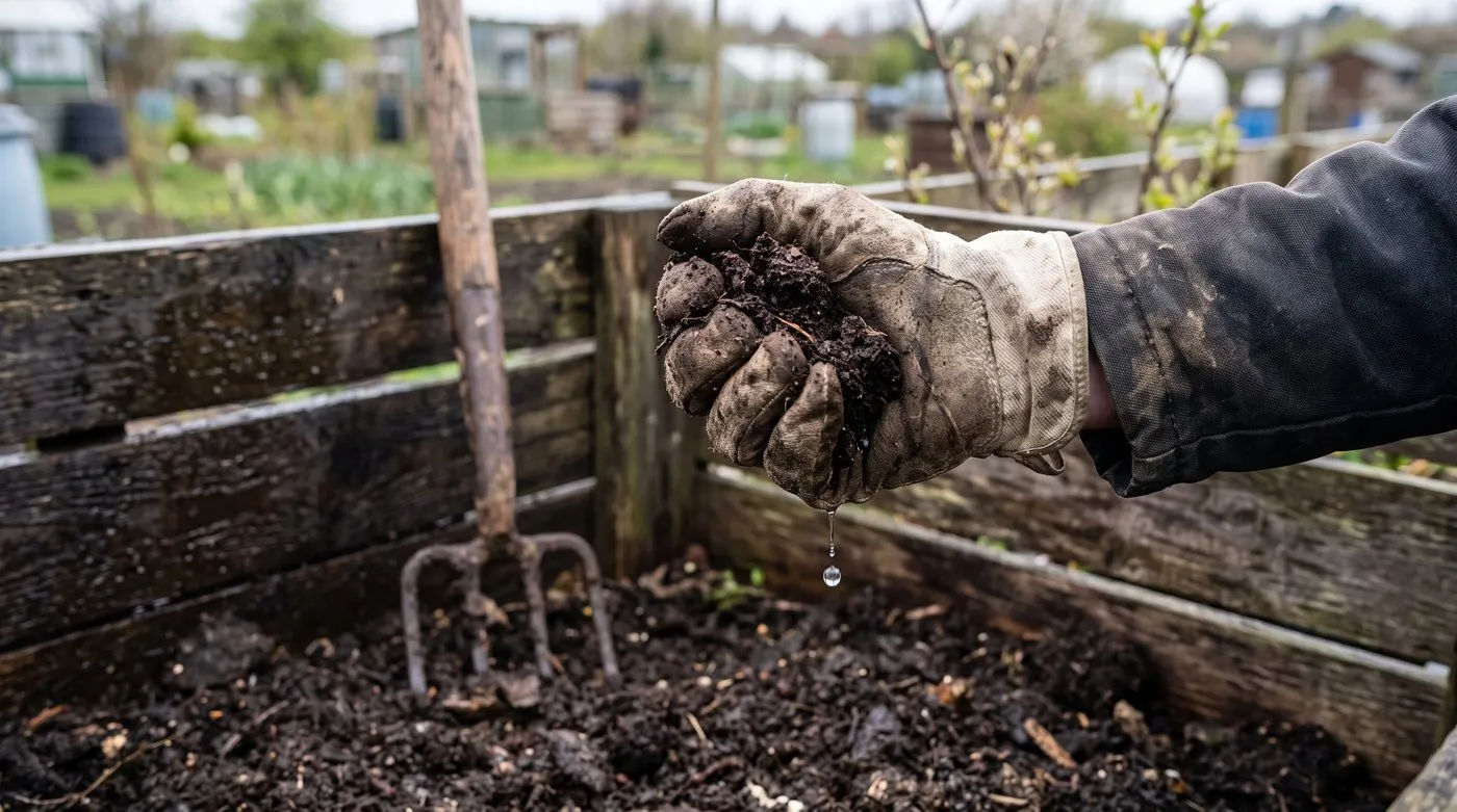 Gloved hand squeezing a handful of compost to check it is as damp as a wrung-out sponge