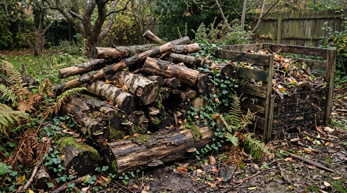 Loose log pile with half-buried rotting logs and fungi beside a compost heap for wildlife