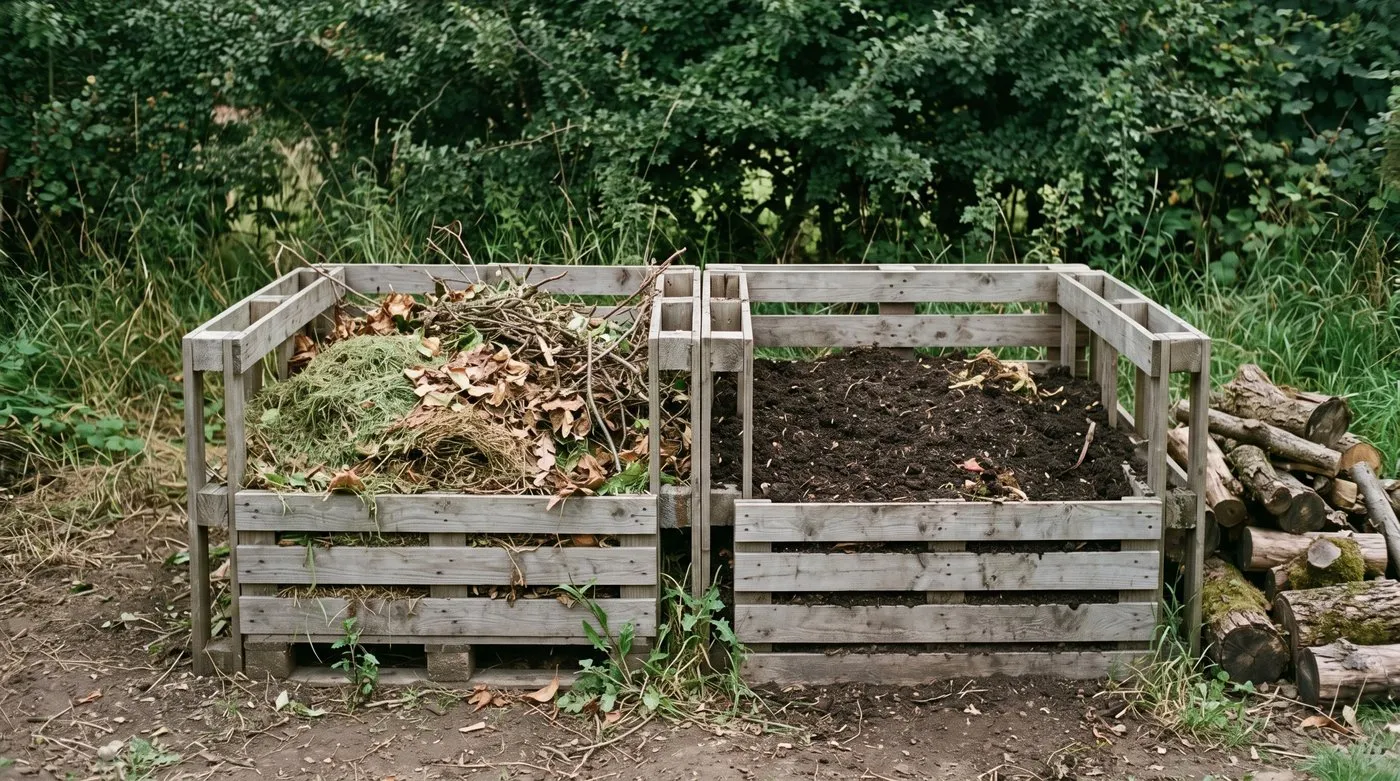 Two wooden pallet compost bins standing on bare soil with gaps for wildlife in a UK garden corner