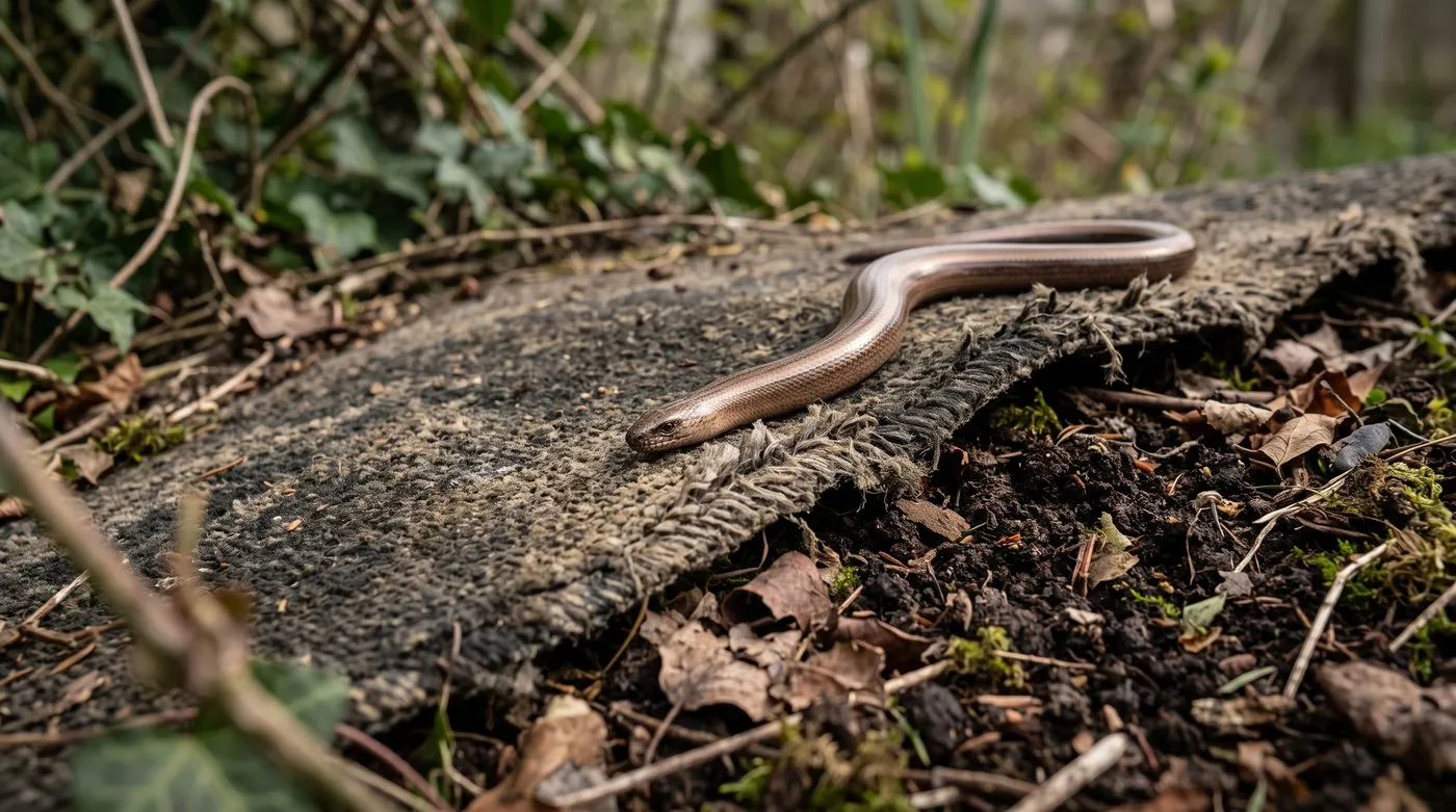 Shiny coppery slow worm basking on old carpet on top of a garden compost heap